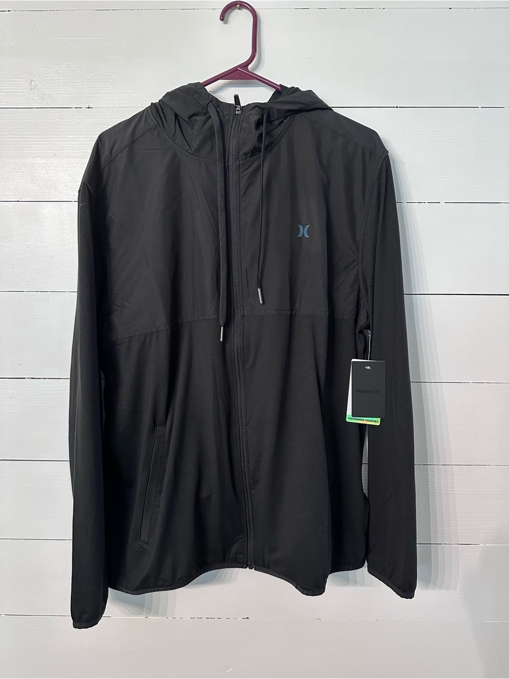 Hurley Black Men's Hooded Zip Windbreaker with Subtle Logo